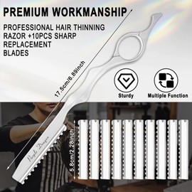 Hair Razors For Cutting Hair 7" Mental Thinning Styling Razors with 10 PCS Sharp Stainless Steel Blades Professional Hair Styling Tool for Salon and Home (Silver)