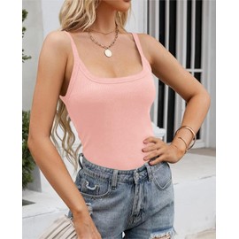 Pepochic Women's Scoop Neck Ribbed Tank Tops Workout Sleeveless Summer Casual Fitted Cami Shirt A-Pink