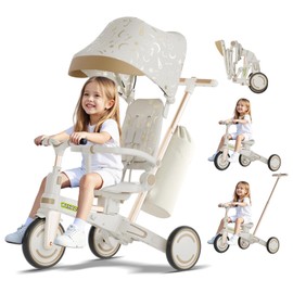 WinHope 9-in-1 Push Tricycle for Toddlers 1-3 Years | Convertible Kids Trike with Adjustable Parent Handle & Safety Harness, Lightweight Foldable Design + Storage Basket for Boys & Girls (White)