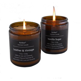2 Pack Candles, SunSest Scented Jar Candle, Gifts for Women and Men, Natural Soy Wax, Long Lasting, Stress Relief, Gifts for Birthday, Valentine, Thanksgiving, Leather/Vintage/Vanilla/Sugar
