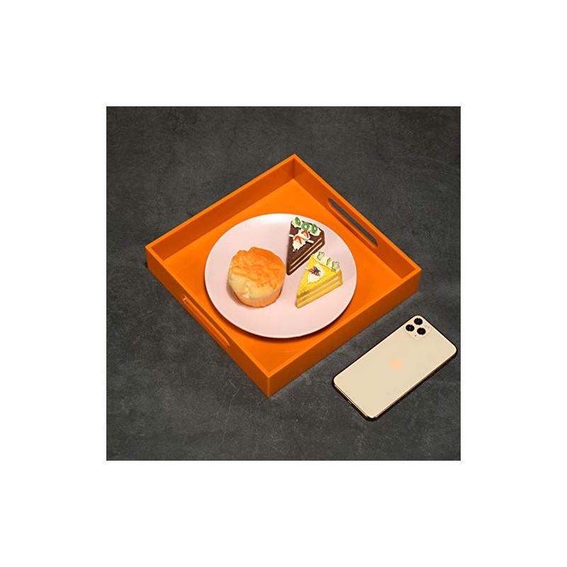KEVLANG Orange Sturdy Acrylic Serving Tray with Handles-10x10Inch-Serving Coffee,Food,Breakfast,Butler-Kitchen Countertop