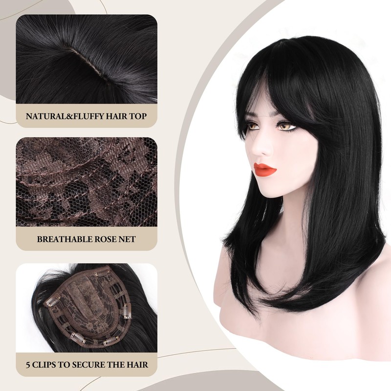 LEEONS Black Hair Topper, Short Layered Hair Topper with Bangs