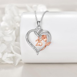 JERWLI 25th Birthday Gifts for Women 925 Sterling Silver 25th Anniversary Heart Rose Pendant Necklace 25 Year Old Birthday Jewelry for Grandmother Wife Nana