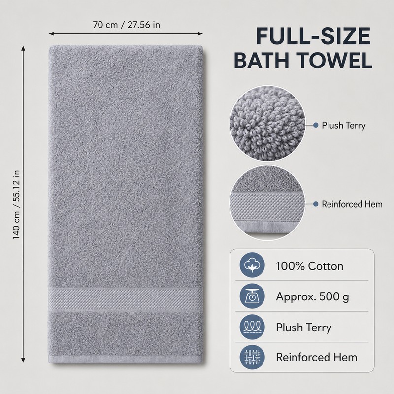 100% Cotton Bath Towel, 70 x 140 cm Large Soft