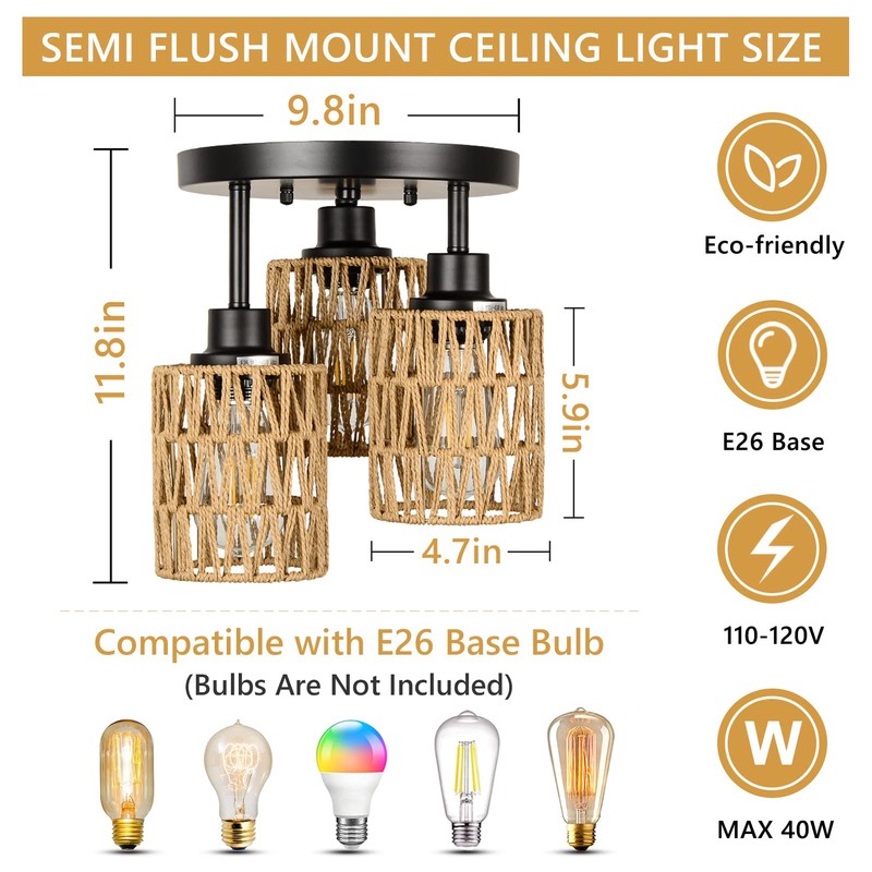 3-Lights Boho Light Fixtures Ceiling Mount, Farmhouse Rattan Chandelier, Hand