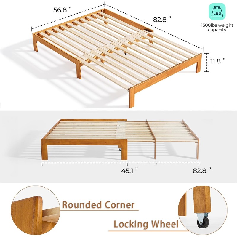 LINSY Wood Bed Frame Full Platform Bed, Retractable Bedframe with