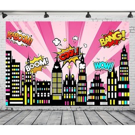 CORFOTO 9x6FT Pink Cartoon Super City Backdrop for Girls Comics Birthday Banner Supplies Urban Cityscape Night View Boom City Buildings Portraits Prop
