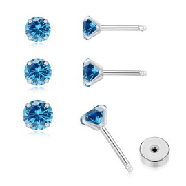 3Pairs CZ Stud Flat Screw Back Earring Studs for Women, Handmade 20G Hypoallergenic Screw Back Cartilage Helix Piercing Stud Earrings (2mm/3mm/4mm Silver, Aquamarine CZ)