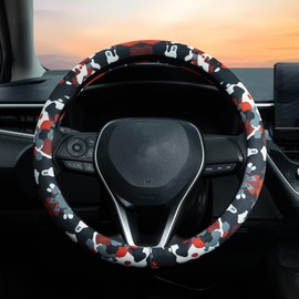 Black Red Camo Steering Wheel Cover Auto Steering Wheel Protector, Anti-Slip, Breathable, Absorbing Sweat, Universal Camo Car Accessories 14.5–15 inch,Fit for Most Car, Trucks, SUV