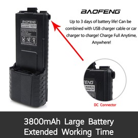 2Pack Baofeng BL-5 3800mAh Extended Battery for Baofeng Walkie Talkie UV-5R BF-8HP UV-5RX3 RD-5R UV-5RTP UV-5R MK2 MK3X MK5 Plus UV-5RE Etc (2Pack 3800mAh Battery+ USB Charger Cable)