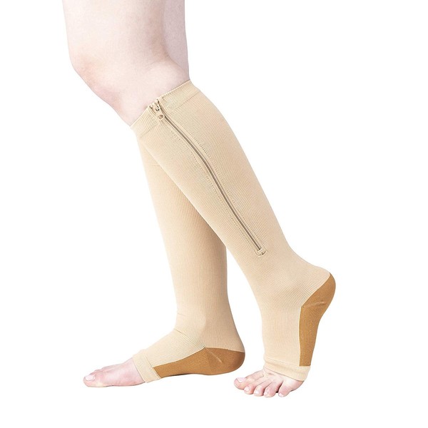 Copper Infused Toeless Compression Calf Socks with Zipper for Women and Men, 2 pairs (Beige, L/XL)