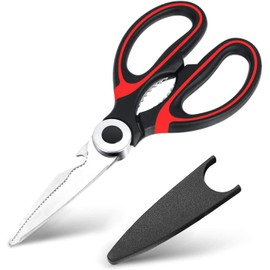 Zaxetic Kitchen Scissors Heavy Duty Multi-Function Purpose, Ultra Sharp Cutters with Blade Cover, Sharp 3CR14 Stainless-Steel Edges for Chicken, Fish, Poultry, Meat (Red)