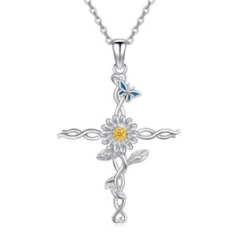 SELKAT Cross Necklace for Women Sterling Silver Daisy Flower Cross Necklace Dainty Faith Cross Pendant Jewelry Gifts for Women Mom Wife