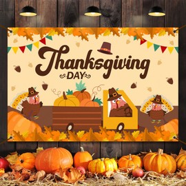 Happy Thanksgiving Backdrop Banner Decor Beige - Pumpkin Turkey Fall Harvest Thanksgiving Party Theme Decorations for Men Women Supplies