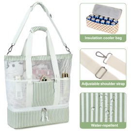 Bluboon Mesh Beach Tote Bag with Cooler Compartment Insulated Detachable Picnic Bag with Zipper and Pocket Pool Bag for Women