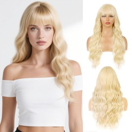 Blonde Wig with Bangs 28in Long Blonde Wavy Wig for Women Curly Wavy Wig Natural Looking Realistic Wig Synthetic Heat Resistant Fiber Synthetic Wigs for Black Women Mom Girl for Daily Party Use