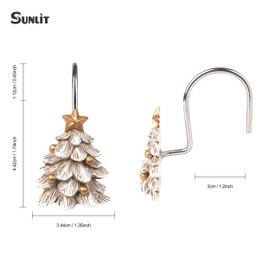 Sunlit - Ganchos decorativos para cortina de ducha con estrella, anillos de cortina de ducha, resina, tema de Navidad, decoración de baño, juego de 12, árbol blanco con bolas doradas