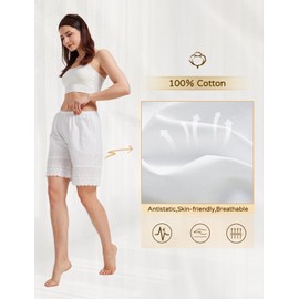 BEAUZSUZSANA Women Cotton Pettipants for Under Dress Lace Embroidery Victorian Pajama Pants Elastic Waistline Ivory Beige (Ivory,L)