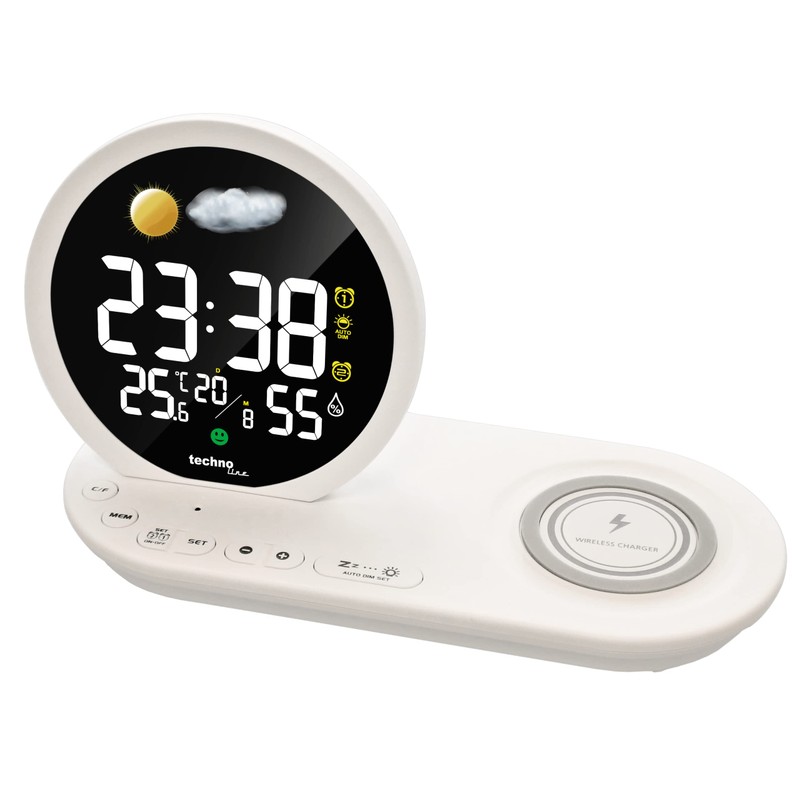 Technoline WT 427 LED-Wecker mit drahtloser Ladefunktion und USB-Ladeanschluss Weiß