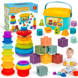 GJOF2YK Montessori Baby Toys for Ages 6–18 Months with Sensory Shape Sorter Matching Game Toy Stacking Ring Soft Building Blocks Developmental Learning Toys for Toddlers 1+ Year Old