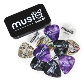 Guitar Picks by Musiq Maker | 24 Pack- Guitar Picks Medium & Heavy - Variety Pack | 2 Tin Organizers | Acoustic Guitar Picks | Electric Guitar Picks, Electric Bass Picks, Celluloid Picks for Guitar.