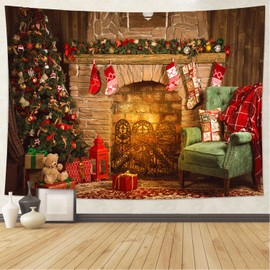Mr.Bee Wall Tapestry Christmas Colorful Tapestries Backdrop, Xmas Santa Claus, Tree and Fire Place for The Living Room Background Wall Hanging for Party Home Christmas Wall Decor Series B (W59 x L51)