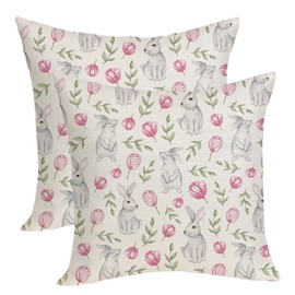 OFIRD Spring Easter Pillow Covers 18x18 Pack of 2 Pink Green Bunny Floral Leaf Throw Pillow Covers Outdoor,Spring Holiday Decor Rabbit Pillowcase Farmhouse Decorative Linen Cushion Case for Home Sofa