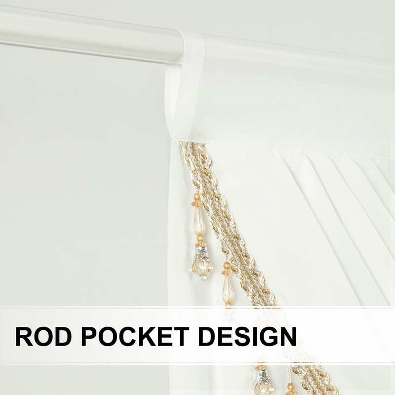 VOGOL White Sheer Valance with Shining Beaded, 39 Inches Wide
