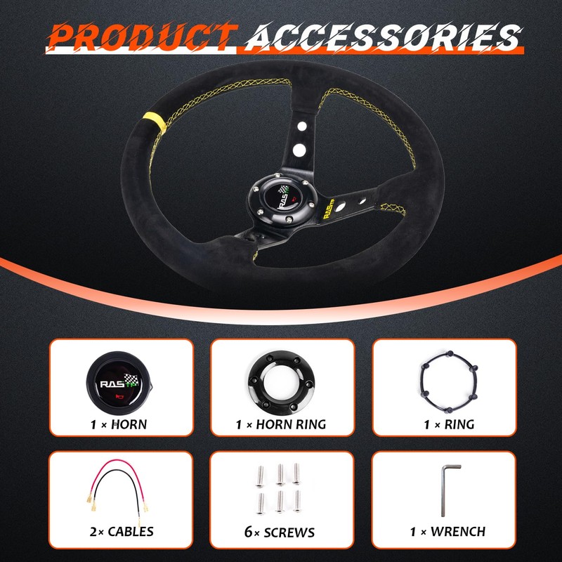 RASTP Universal Racing Steering Wheel Suede Deep Dish 13.58”/345mm 6