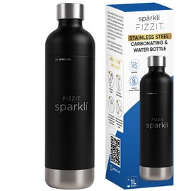 FIZZIT Black Stainless Steel Carbonation Bottle | Compatible with Some Soda Makers | Reusable Sparkling Water Bottle, Dishwasher Safe, BPA-Free (SSB-B)