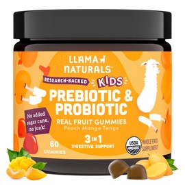 Llama Naturals Llama Naturals Real Fruit Prebiotic & Probiotic Kids Gummies | No Added Sugar Cane | Vegan Organic Synbiotics | Children Digestion, Toddler Probiotic 2B CFU | 60 ct, 30-60 Days | Peach Mango