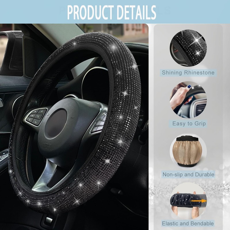 Linyongc Sparkling Crystal Car Steering Wheel Cover, 1Pc, Universal Fit,