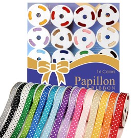 PAPILLON 16 Pack 3/8”x3 Yards - Rainbow Grosgrain Polka Dots for Gift Wrapping, Birthday, Party, Decorations, Crafts, Sewing, Bow Making – Total 48 Yards