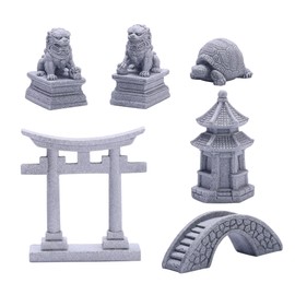 Sdeetesamjun 6 PCS Mini Zen Garden Accessories, Miniature Garden Bridge Foo Dogs Torii Gate Sandstone Figurines Meditation Zen Decor Japanese Fish Tank Terrarium Bonsai Decorations (Art Deco)