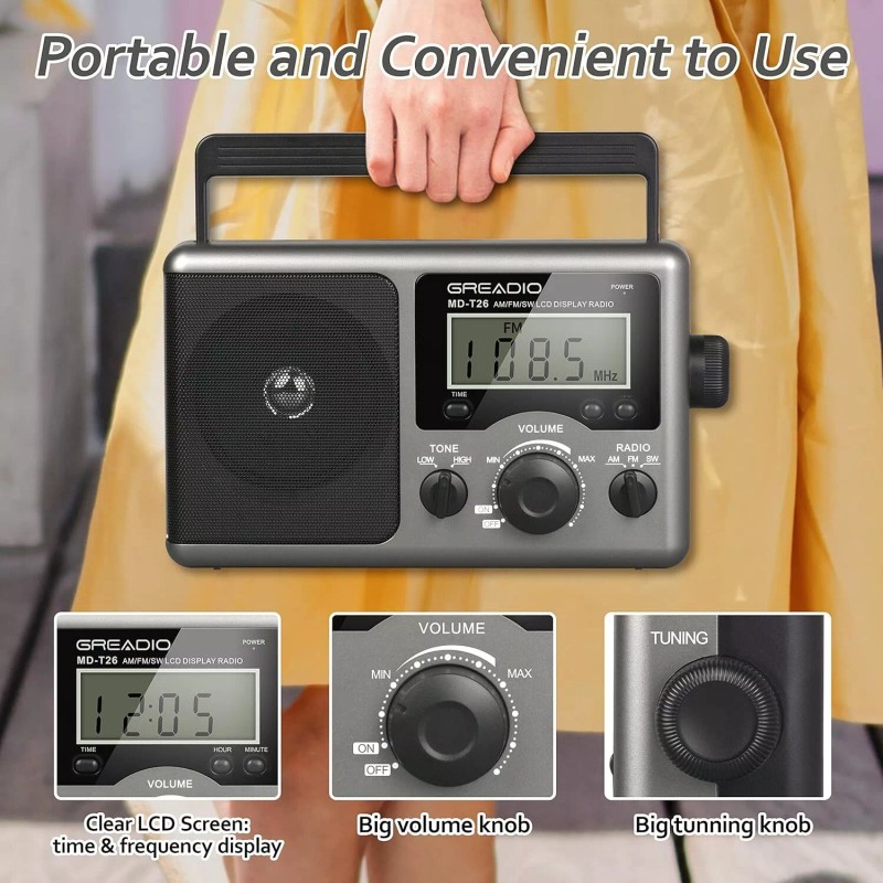 Greadio Portable Am Fm Radio With Lcd Display Long Antenna
