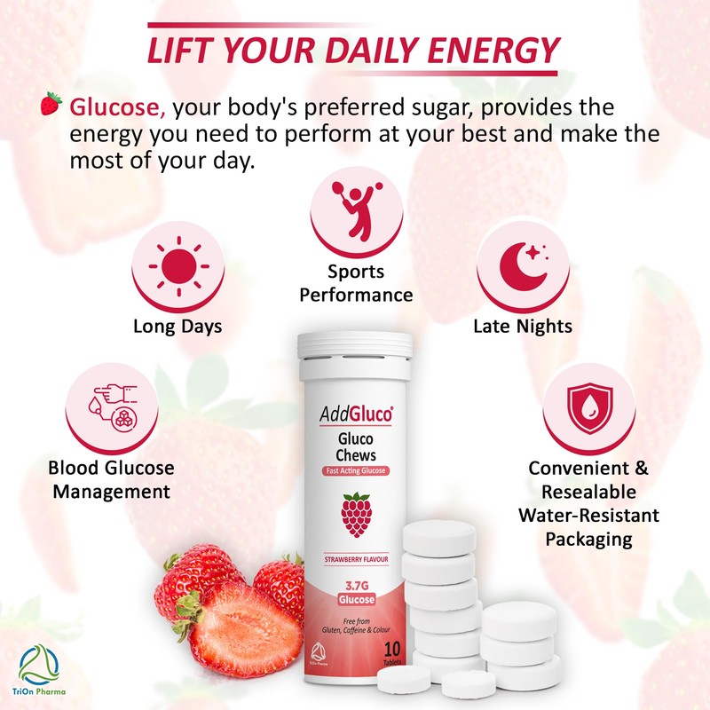 AddGluco Gluco Chews| Fast-Acting Glucose Chewable Energy Tablets | Strawberry