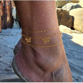 Kyerlyn Layered Anklets for Women, 14K Gold Plated Ankle Bracelets Silver Anklet Set Waterproof CZ Heart Butterfly Anklet Cuba Link Anklets Stack Women Summer Beach Dainty Jewelry Gift
