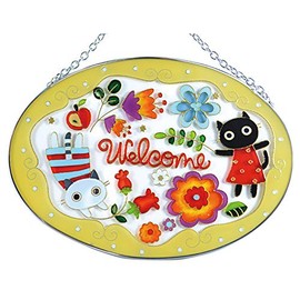 FolkArt Cute Handmade Stained Glasswork Frame, Welcoming Cat in Fairyland
