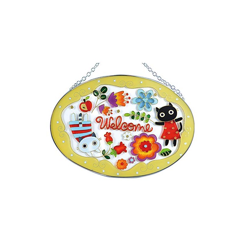 FolkArt Cute Handmade Stained Glasswork Frame, Welcoming Cat in Fairyland