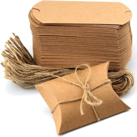 Kraft Paper Pillow Gift Box 50Pcs Christmas Small Pillow Gift Boxes with Twine for Jewelry Candy Party Favor