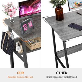 armocity Computer Desk, 55.2 Inch Modern Desk with Bookshelves, 55.2'' Office PC Laptop Table with Storage Bag, Grey Study Writing Desk with Iron Hooks, Sturdy Desk for Home Office Workstation, Gray