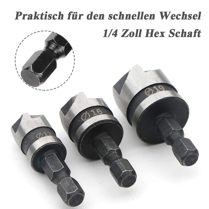 Mesee Set of 3 90° Countersink Drill, 5 Flute Countersink