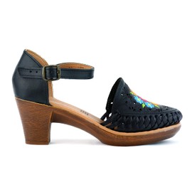 COLORES DE MEXICO MX - Mexican Leather Shoes with Embroidered Flowers, with heels for Women - Model 102BL (9, Black)
