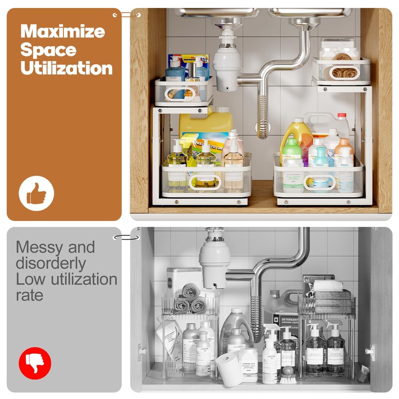 Biboraya 2 Pack Under Sink Organizer With Smooth Cylindrical Rail,2-Tier