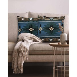 2 Packs Decorative Cotton Throw Pillow Covers, Blue Brown Black Totem in The Southwest 20 x 20 Inch Square Reversible Soft Cushion Case for Couch Bedroom Sofa Living Room Chair Car