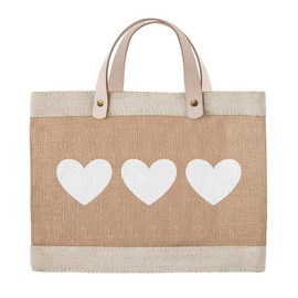 Santa Barbara Design Studio Farmers Market Tote with Three White Hearts, Reusable Burlap Grocery Bag with Leather Handle, Purse for Beach or Picnics, Food Lovers Gift Idea, 12.5 x 9.5 Inches