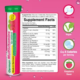 German Multvitamin for Children 8 Vitamins - 40 Vegan Drink Effervescent Tablets - Raspberry Flavor - Made in Germany