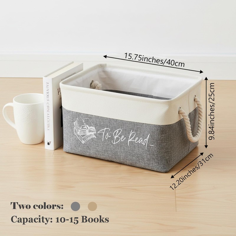 2-Pack TBR Book Storage Baskets with Rope Handles, Beige and