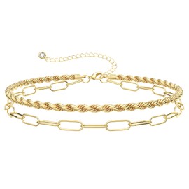 KissYan Gold Bracelets for Women, Dainty 14K White Gold Plated Layered Paperclip Tiny Pearl Cuban Link Chain Bracelet Set Adjustable Cute Trendy Jewelry Gift(G-paperclip rope)