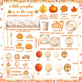 Fall Little Pumpkin Baby Shower Decorations,Fall Plates and Napkins Party Supplies with Pumpkin Plates,Napkins,Banner,Balloons,Cutlery,Yellow Tablecloth for 24 Guests Thanksgiving Festival